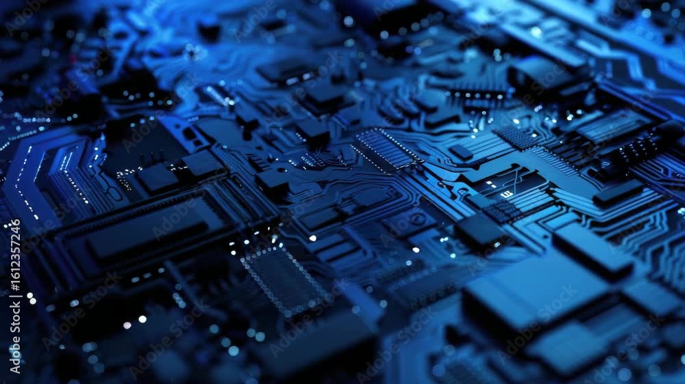 Aufkleber blue electronic circuit board with silicon chip. the is of a microprocessor, the heart of most moder