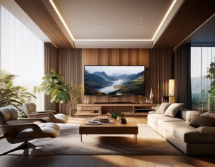 modern living room with a huge tv