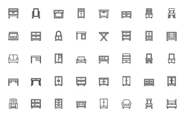 Furniture and household icon set. Minimal vector illustrations. Includes cabinet, mirror, storage, table, chair, sofa, wardrobe, shelf, dressing table, desk, bed and more. Editable stroke.
