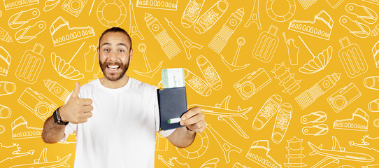 Excitement fills the air as a traveler holds their passport and cash, ready for an unforgettable...