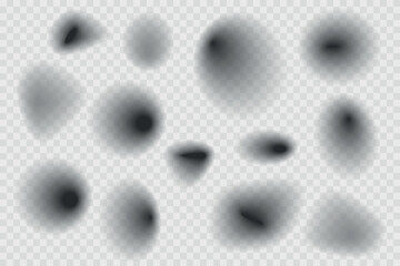 Different realistic round shadow, soft shapes on transparent background. Gray circular and ellipse shadows set. Vector illustration.