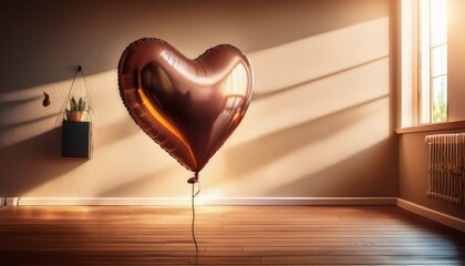 a heart shaped balloon floating in a room with soft warm light illuminating the space