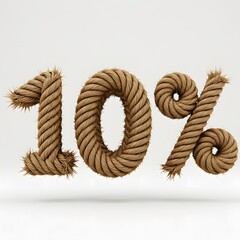 A 3D rendering of the number ten with a percentage symbol, crafted from rope.