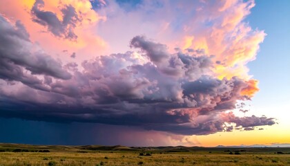 Dramatic sunset over a vast prairie with massive storm clouds