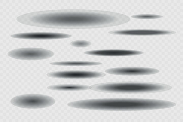Different realistic round shadow, soft shapes on transparent background. Gray circular and ellipse shadows set. Vector illustration.