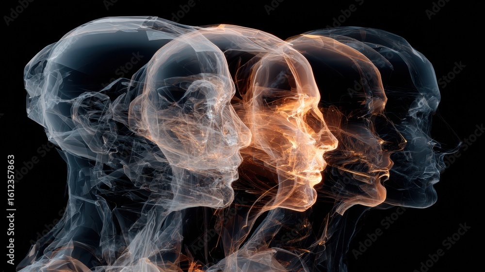 Poster multilayered transparent human heads evolving forward in an artistic representation of transformatio