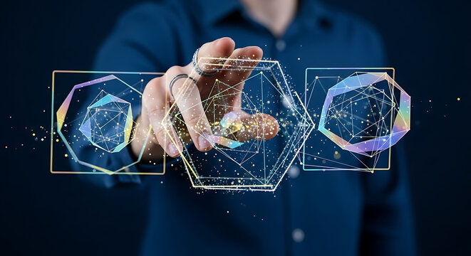 A hand interacts with geometric shapes in the metaverse