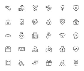 Charity icon set. Minimal vector symbols pack. Includes hand, globe, breast cancer, plant, heart, donation, shield, money bag, hospital and more. Editable stroke.