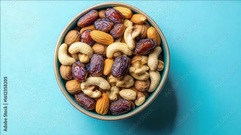 Poster a bowl of mixed nuts and dried dates on a tabletop.