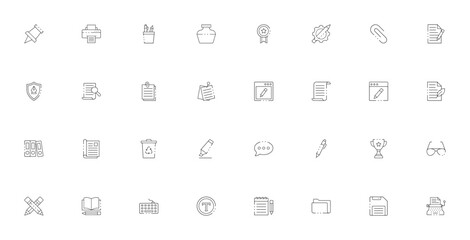 Copy Writing icon set. Minimalist vector icons pack. Includes symbols for paper, printer, stationery, ink, badge, notes, pen, keyboard, folder and more. Editable stroke.