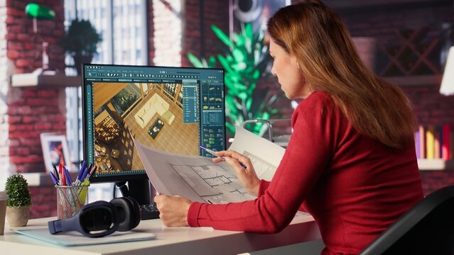 Freelancer designer decorates apartment floor plan using blueprints on pc, using architectural software to configure elements. Woman uses interface to enable rendering and 3D modeling. Camera A.