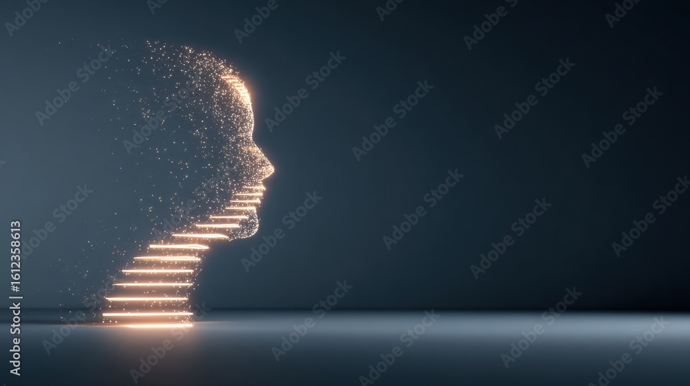 Poster glowing staircase inside transparent head leads upward in a minimalistic setting