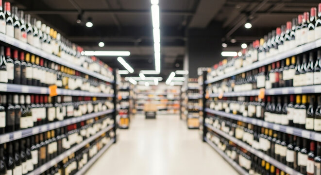 Blurred perspective down a supermarket aisle with an extensive selection of wine. Defocused liquor store background for mockups.