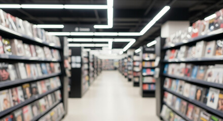 Abstract background of a library or media store aisle with many shelves. Defocused interior view with bokeh for commercial and entertainment concepts.