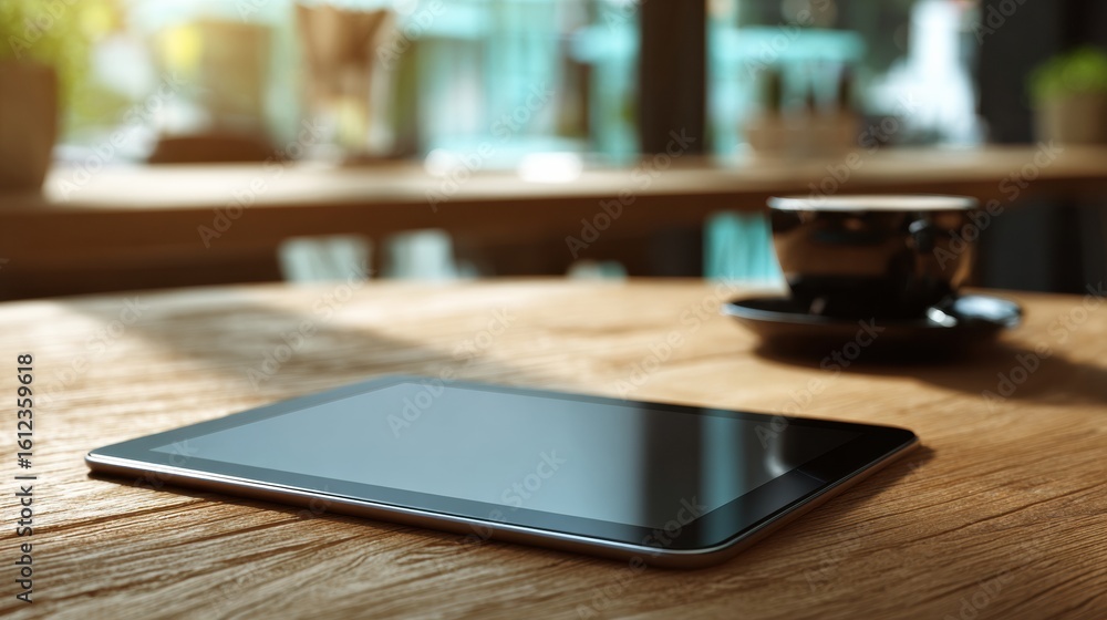 Poster high-resolution tablet mockup on cafe table with glowing screen, ideal for digital presentation need