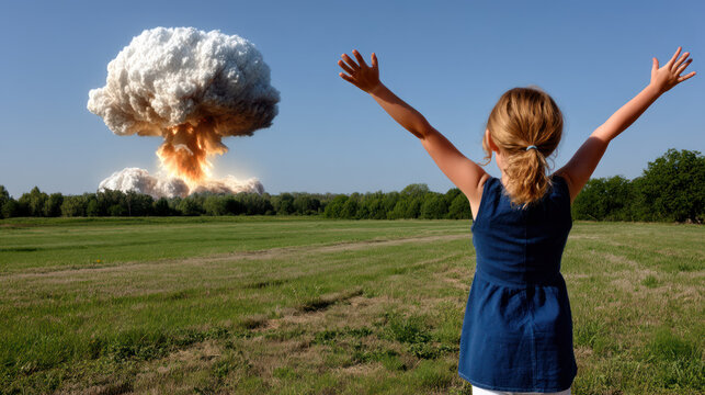 Small girl is welcoming nuclear explosion, meme style