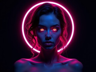 Woman with glowing eyes and neon halo in a dark, futuristic setting, highlighting surreal beauty.