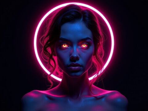 Woman with glowing eyes and neon halo in a dark, futuristic setting, highlighting surreal beauty.