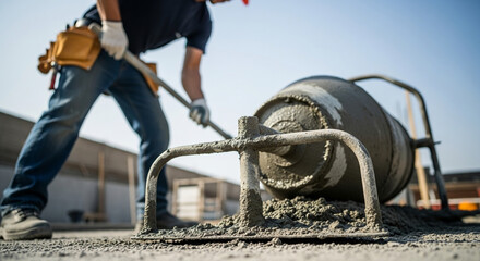 Obraz premium Construction worker in action, mixing wet cement with a shovel from a portable concrete mixer on a blurred building site background.