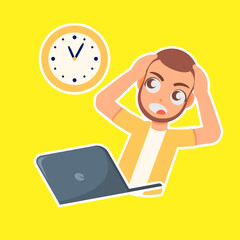 Deadline Dilemma: A stressed individual frantically grasps his head in exasperation, a stark visual representation of the pressing deadline, amplified by the looming clock.