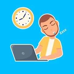 Restful Slumber Overload: A man finds rest after a long day, taking a nap over the keyboard, with a clock symbolizing long working hours. 