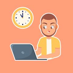 Deadline Pressure: A man in a yellow shirt works diligently at a laptop, clock showing the eleventh hour, illustrating the urgency of deadlines.