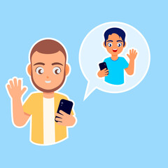 Friendly Phone Call: A charming illustration showing a man engaged in a video call, his image and the image of his friend both rendered in a clean, friendly graphic style.This captures the main ideas 
