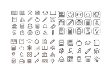  Large Education Line Icon Set &ndash; Books, School, Diploma, Pencil, Apple, Backpack, Calculator, Bell, Ruler, Online Class