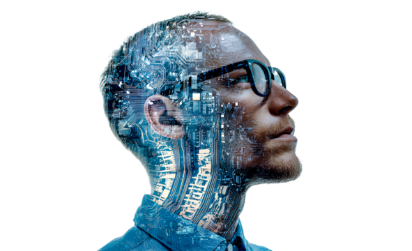  Photographic portrait of a side view, double exposure of a male figure wearing a blue shirt and glasses, with digital cyber brain circuitry visible inside the head on a transparent background.