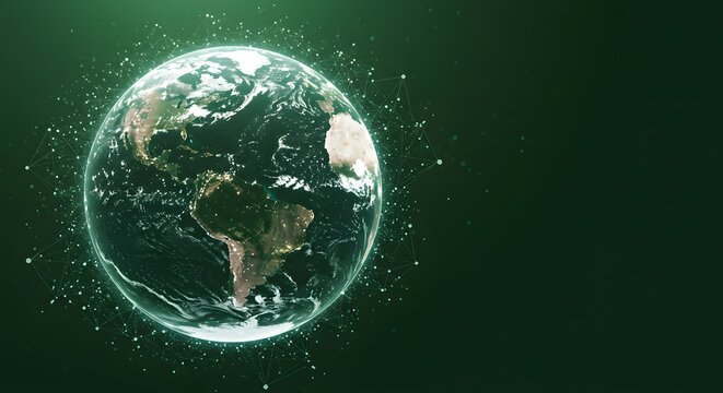 Earth Globe Surrounded by Network on Green Background