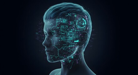 Obraz premium Humanoid Digital Interface with Circuitry and Data Overlay on Dark Background