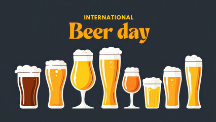 International beer day, variety of beer glasses, foamy drink collection, festive alcohol celebration, brewing styles illustration, beer tasting lineup