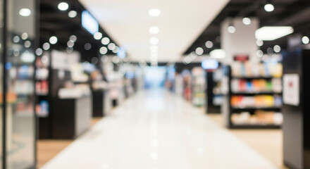 Abstract blurred background of a modern bookstore interior. Defocused aisle view of a library or retail shop with bright bokeh lights.