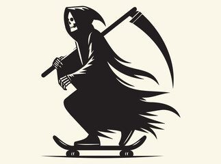 Grim Reaper Skateboarding Illustration for Gothic Tattoo Art, Dark Humor Decor, Alternative Fantasy Design, and Symbolic Death Representations