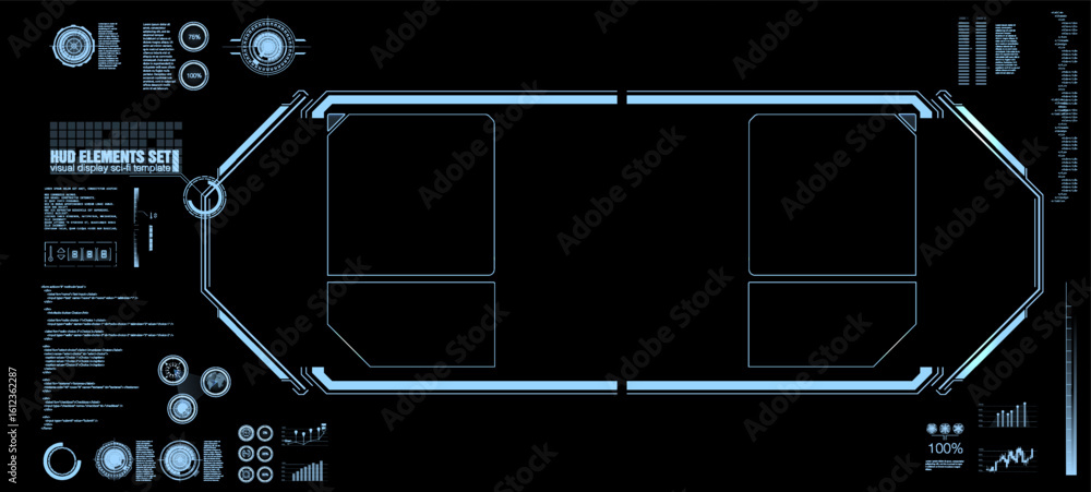 Poster this digital interface features a sleek design with glowing blue elements, showcasing various overla