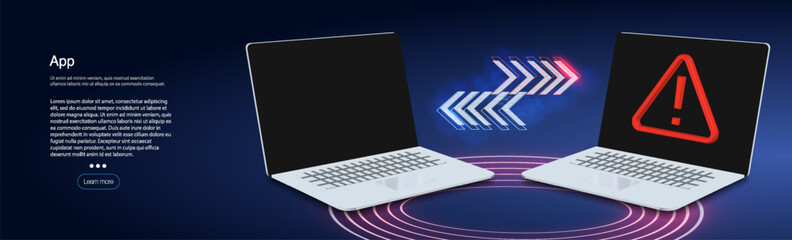 Two laptops with dark screens and warning signs on one are illustrated against a digital background. This setup highlights the importance of cybersecurity awareness and training.