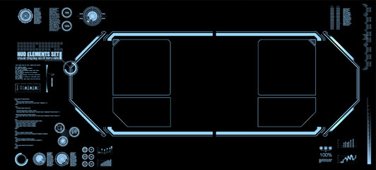 This digital interface features a sleek design with glowing blue elements, showcasing various overlay panels. Ideal for science fiction themes or technology-related projects.