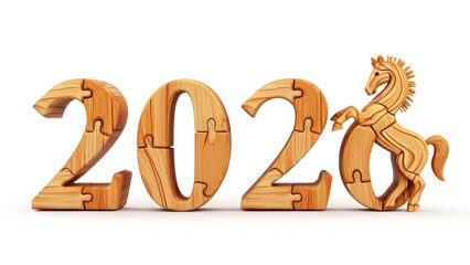 2026 year of the horse, wooden puzzle numbers, New Year symbol, zodiac animal figure, decorative wood design, festive celebration concept