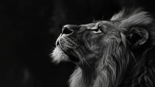 The majestic face of a lion, exuding strength and serenity. A powerful, high-resolution black and white portrait of this magnificent creature.