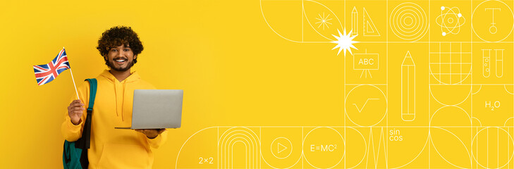 A student engages in learning, holding a laptop and a small flag, in a bright, painted background. This scene captures a moment of enthusiasm for education and personal growth.