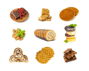 Assorted cakes set isolated. Many biscuit desserts, sweet bakery collage, cookie collection