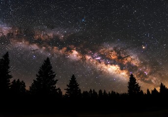  Starry sky over silhouetted forest trees, Milky Way visible