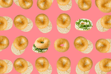 Bagel Pattern on Pink Background, Round Bread Bun Minimal Wallpaper with Copy Space