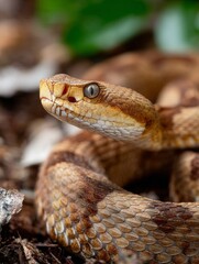 Obraz premium Close-up of a snake showcasing intricate scales and venomous features in a natural habitat