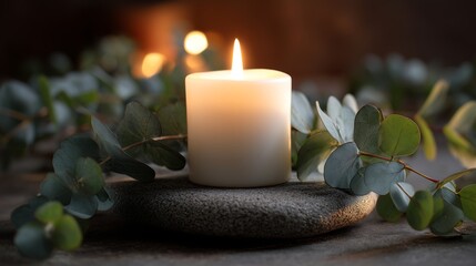 Serene Candlelight with Eucalyptus Leaves on Stone