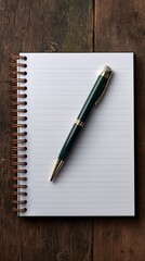 Blank Spiral Notebook with Elegant Pen on Rustic Wooden Desk