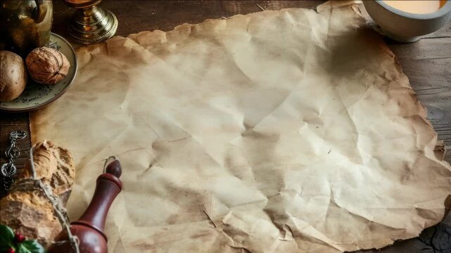 Blank vintage parchment map for planning adventures or history studies. Old-fashioned scroll with faded edges and creases, suggesting a worn piece of historical cartography.