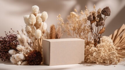 Beige Box Mockup with Dried Flowers and Neutral Background