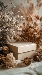 Elegant Beige Gift Box Surrounded by Dried Flowers