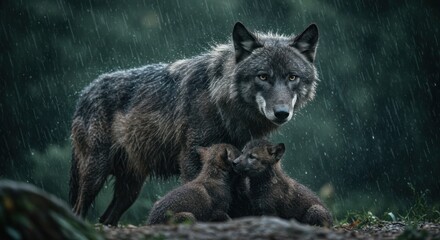 Obraz premium Gray wolf with pups in rain